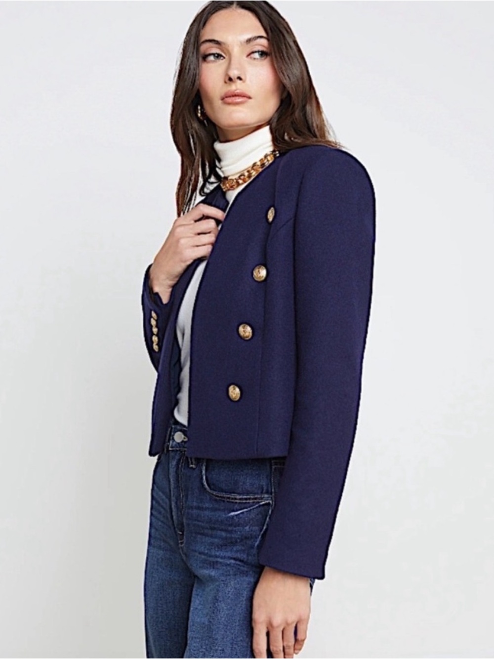 L'AGENCE Navy Cropped Double-Breasted Blazer with Gold Buttons Size 0